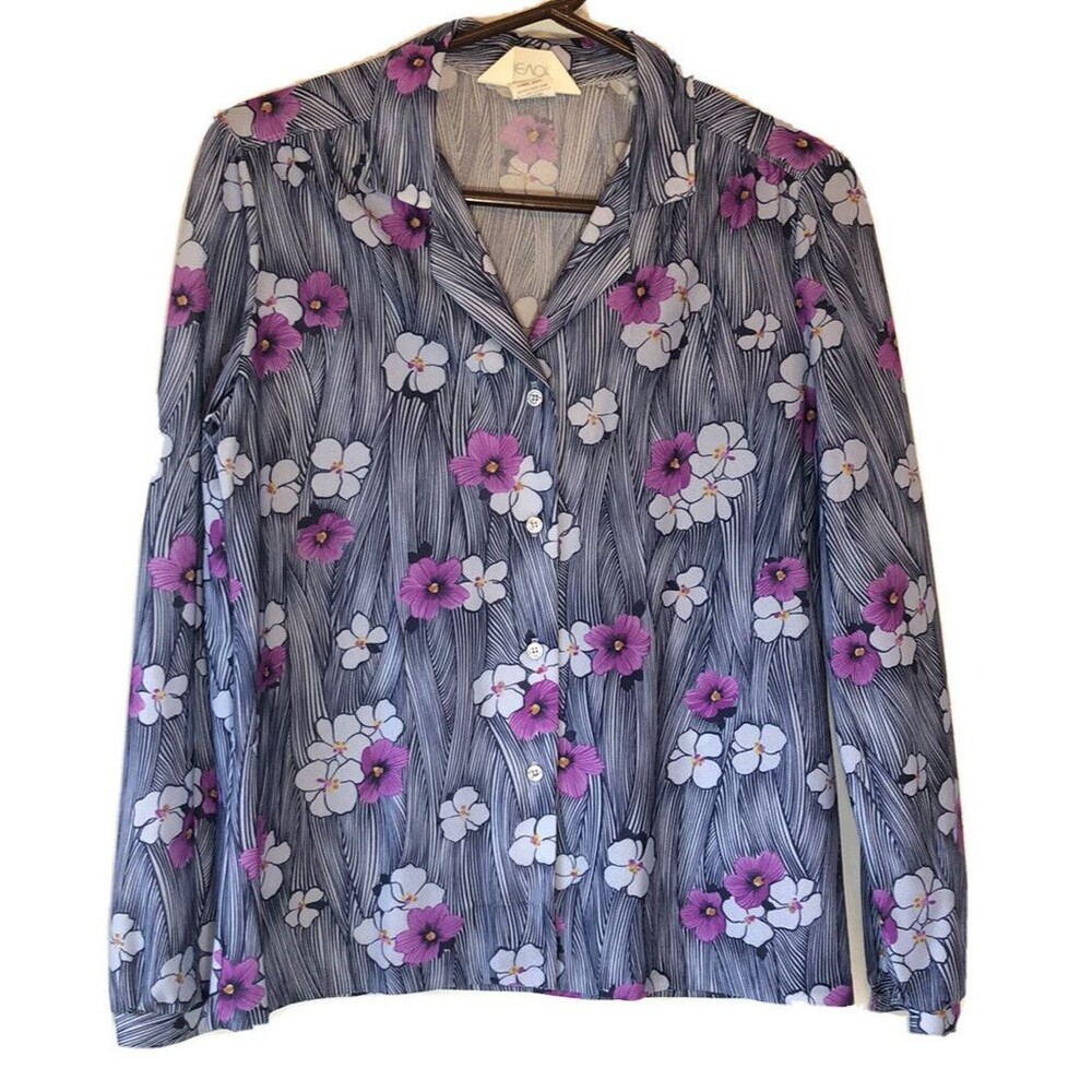Devon Granny Core Women Sz Small Floral Blouse Long Sleeve Blue Casual Teacher